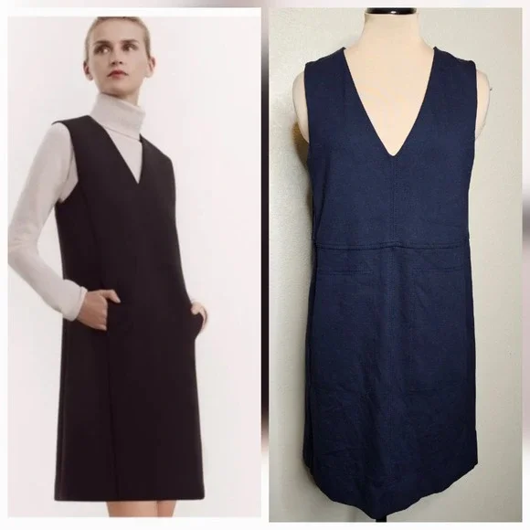 ME+EM Tailored Navy Blue V-Neck Sleeveless Shift Dress Pockets Minimalist US 6 - Picture 1 of 12